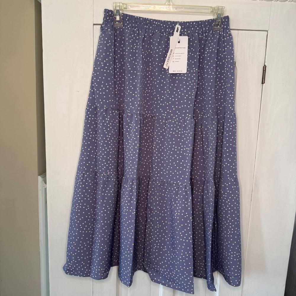 Merokeety Womens Medium Polka Dot Tiered Midi Skirt Blue White Elastic Waist NWT